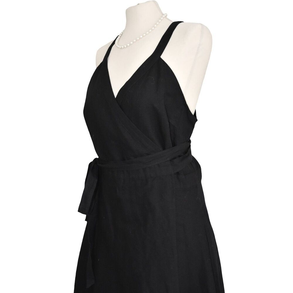 NWT J. Crew Linen Cotton Wrap Dress Black Belted Sweet V Neck Sz L Minimalist - Picture 5 of 9